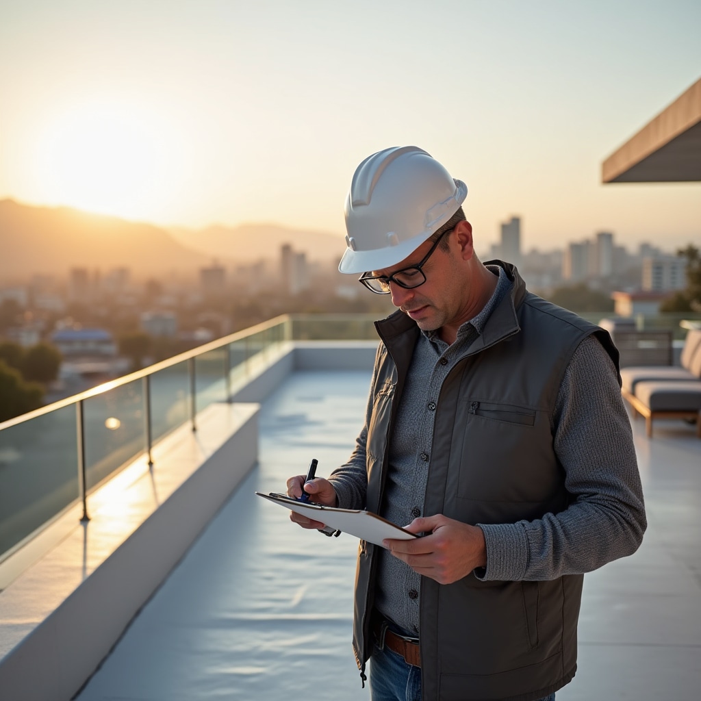 Professional inspection of building terrace waterproofing system showing detailed examination