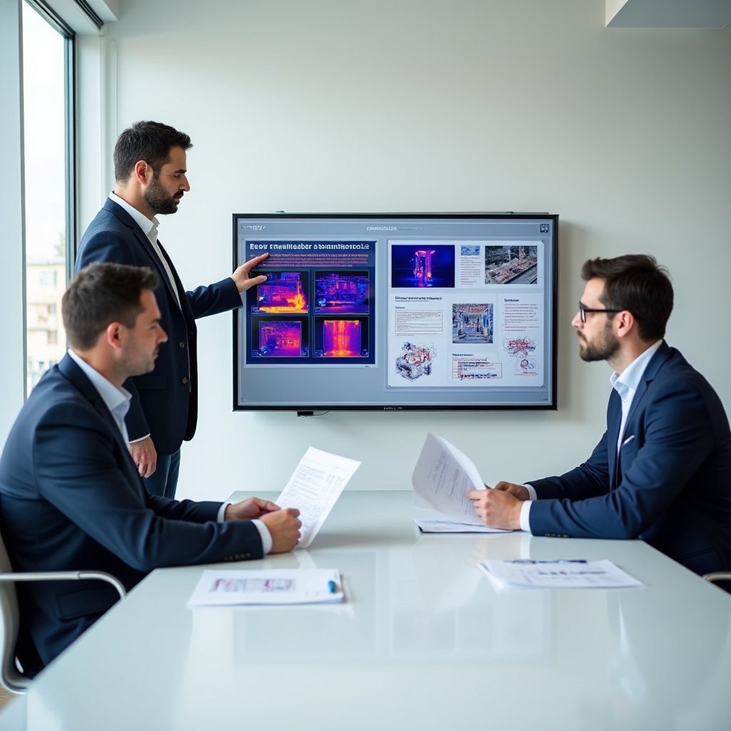 Professional consultation meeting discussing building waterproofing inspection results and repair options