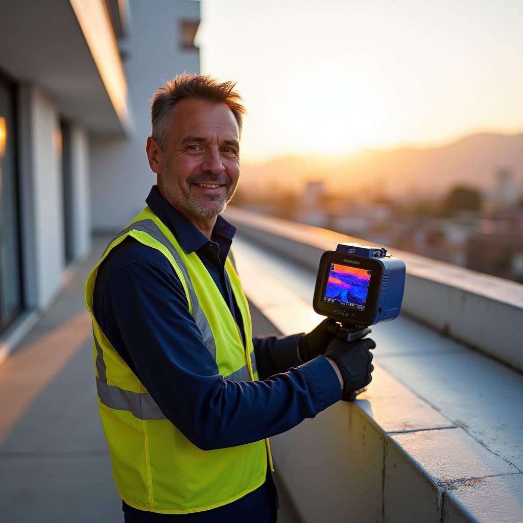 Thermal imaging camera detecting moisture penetration in building terrace waterproofing membrane