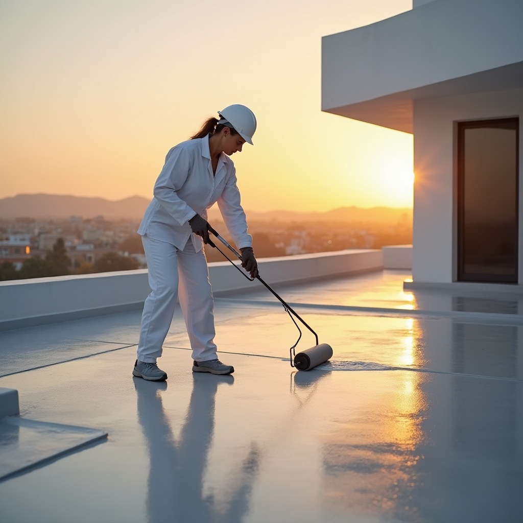 Professional application of waterproofing membrane on building terrace surface